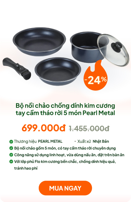 Bộ nồi chảo chống dính kim cương tay cầm tháo rời 5 món Pearl Metal Stack α